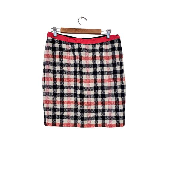 Boden British Mallalieus Tweed Coral Blue Check Wool Pencil Skirt Size 10P - Picture 1 of 7